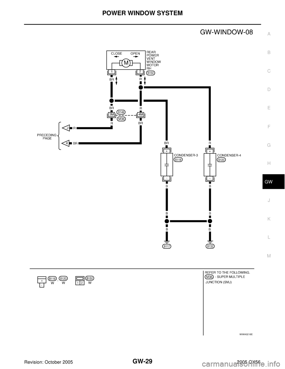 INFINITI QX4 2005  Factory Service Manual POWER WINDOW SYSTEM
GW-29
C
D
E
F
G
H
J
K
L
MA
B
GW
Revision: October 20052005 QX56
WIWA0218E 