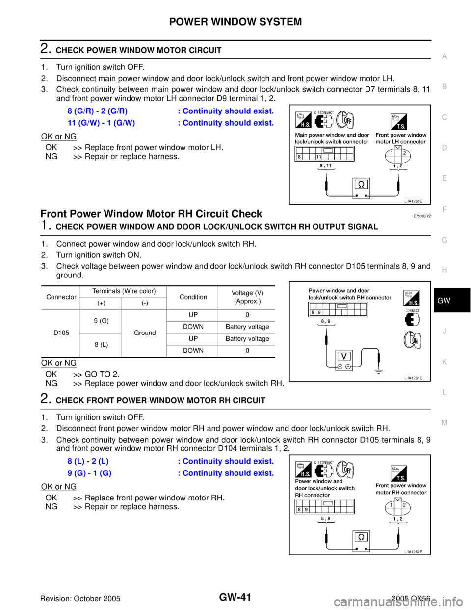INFINITI QX4 2005 Factory Service Manual POWER WINDOW SYSTEM
GW-41
C
D
E
F
G
H
J
K
L
MA
B
GW
Revision: October 20052005 QX56
2. CHECK POWER WINDOW MOTOR CIRCUIT
1. Turn ignition switch OFF.
2. Disconnect main power window and door lock/unloc INFINITI QX4 2005 Factory Service Manual POWER WINDOW SYSTEM
GW-41
C
D
E
F
G
H
J
K
L
MA
B
GW
Revision: October 20052005 QX56
2. CHECK POWER WINDOW MOTOR CIRCUIT
1. Turn ignition switch OFF.
2. Disconnect main power window and door lock/unloc