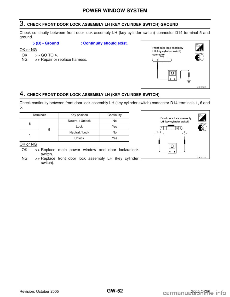 INFINITI QX4 2005  Factory Service Manual GW-52
POWER WINDOW SYSTEM
Revision: October 20052005 QX56
3. CHECK FRONT DOOR LOCK ASSEMBLY LH (KEY CYLINDER SWITCH) GROUND 
Check continuity between front door lock assembly LH (key cylinder switch) 