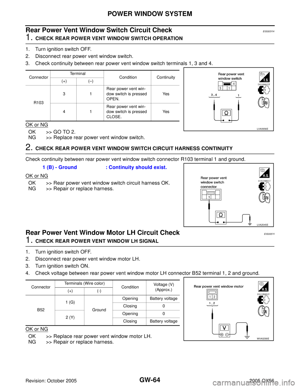 INFINITI QX4 2005 Factory Service Manual GW-64
POWER WINDOW SYSTEM
Revision: October 20052005 QX56
Rear Power Vent Window Switch Circuit CheckEIS005YH
1. CHECK REAR POWER VENT WINDOW SWITCH OPERATION
1. Turn ignition switch OFF.
2. Disconne INFINITI QX4 2005 Factory Service Manual GW-64
POWER WINDOW SYSTEM
Revision: October 20052005 QX56
Rear Power Vent Window Switch Circuit CheckEIS005YH
1. CHECK REAR POWER VENT WINDOW SWITCH OPERATION
1. Turn ignition switch OFF.
2. Disconne
