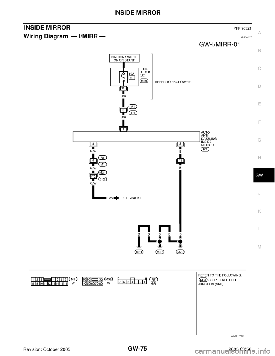 INFINITI QX4 2005  Factory Service Manual INSIDE MIRROR
GW-75
C
D
E
F
G
H
J
K
L
MA
B
GW
Revision: October 20052005 QX56
INSIDE MIRRORPFP:96321
Wiring Diagram — I/MIRR —EIS0 04 UT
WIWA1708E 