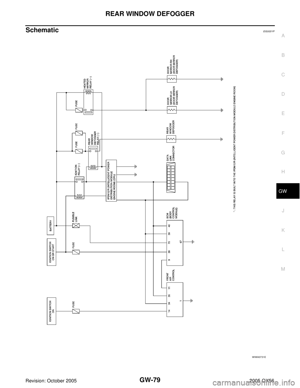 INFINITI QX4 2005  Factory Service Manual REAR WINDOW DEFOGGER
GW-79
C
D
E
F
G
H
J
K
L
MA
B
GW
Revision: October 20052005 QX56
SchematicEIS005YP
WIWA0731E 