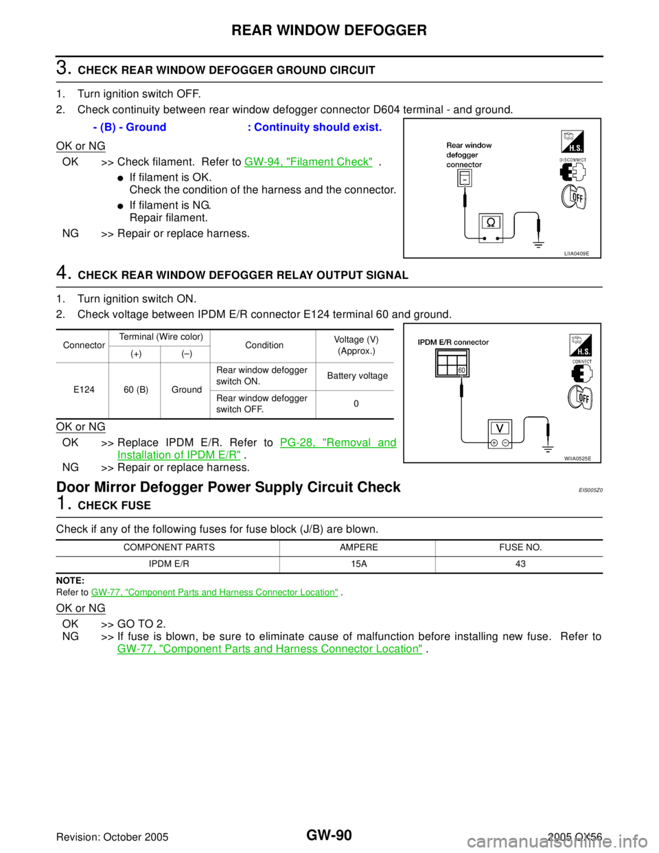 INFINITI QX4 2005  Factory Service Manual GW-90
REAR WINDOW DEFOGGER
Revision: October 20052005 QX56
3. CHECK REAR WINDOW DEFOGGER GROUND CIRCUIT
1. Turn ignition switch OFF.
2. Check continuity between rear window defogger connector D604 ter