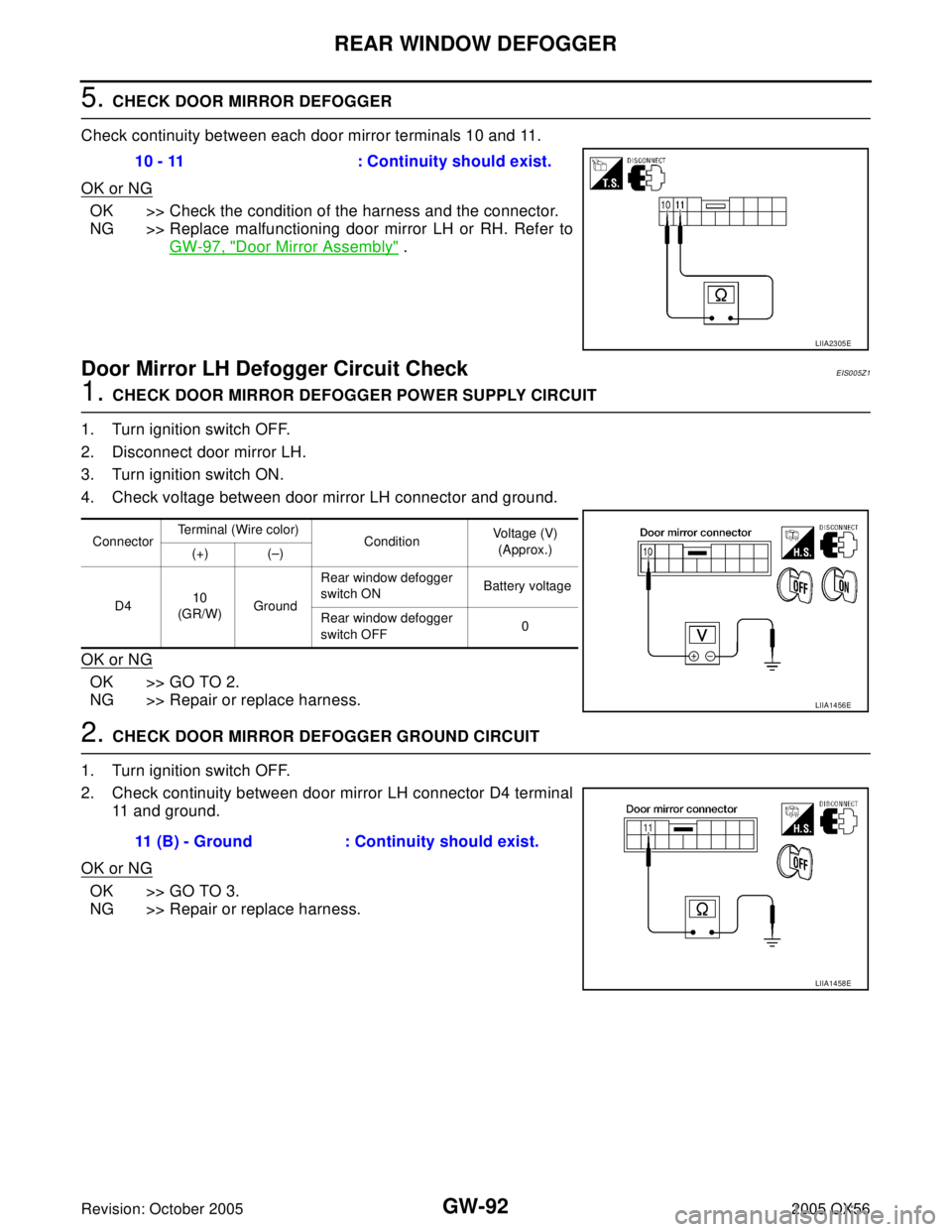 INFINITI QX4 2005  Factory Service Manual GW-92
REAR WINDOW DEFOGGER
Revision: October 20052005 QX56
5. CHECK DOOR MIRROR DEFOGGER 
Check continuity between each door mirror terminals 10 and 11.
OK or NG
OK >> Check the condition of the harne