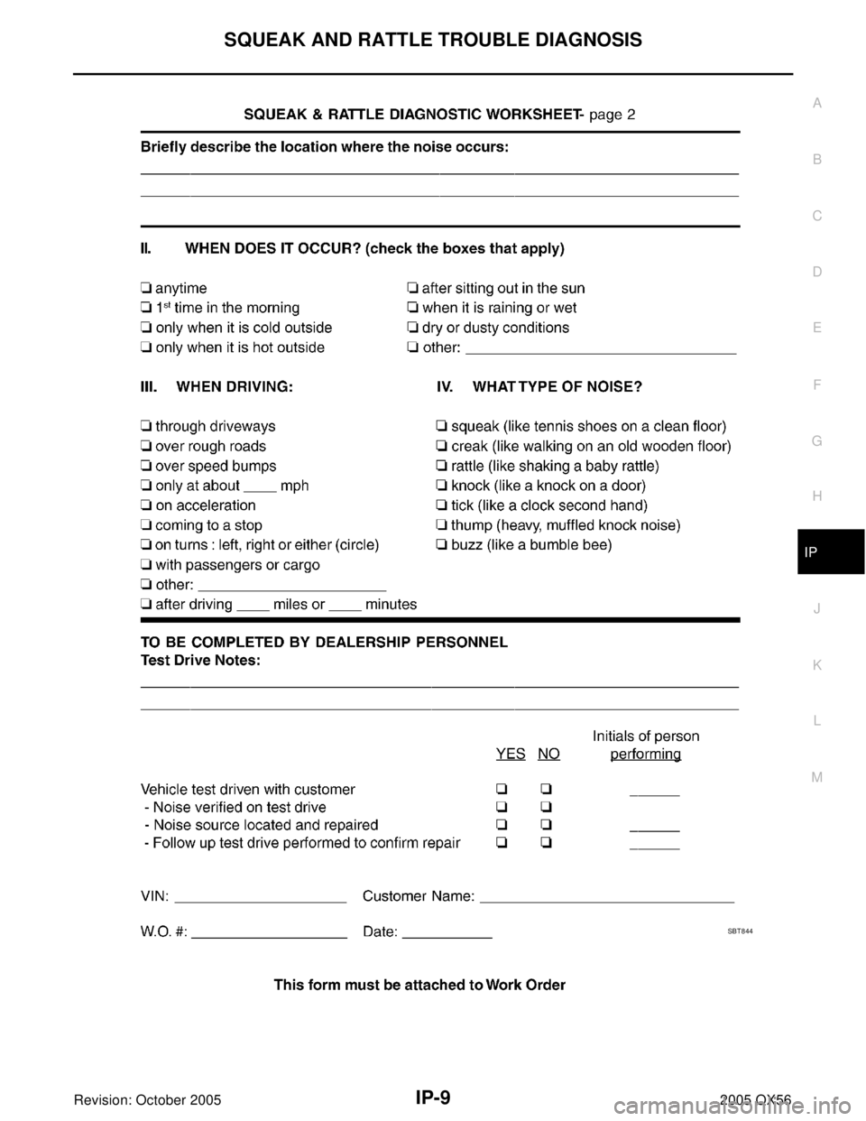 INFINITI QX4 2005  Factory Service Manual SQUEAK AND RATTLE TROUBLE DIAGNOSIS
IP-9
C
D
E
F
G
H
J
K
L
MA
B
IP
Revision: October 20052005 QX56
SBT 8 44 