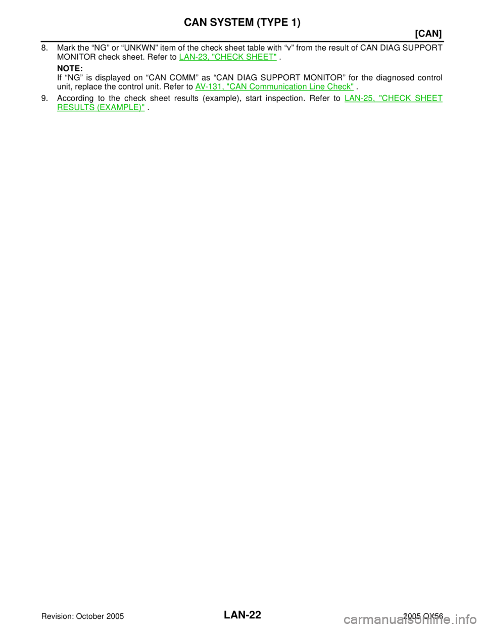 INFINITI QX4 2005  Factory Service Manual LAN-22
[CAN]
CAN SYSTEM (TYPE 1)
Revision: October 20052005 QX56
8. Mark the “NG” or “UNKWN” item of the check sheet table with “v” from the result of CAN DIAG SUPPORT
MONITOR check sheet.