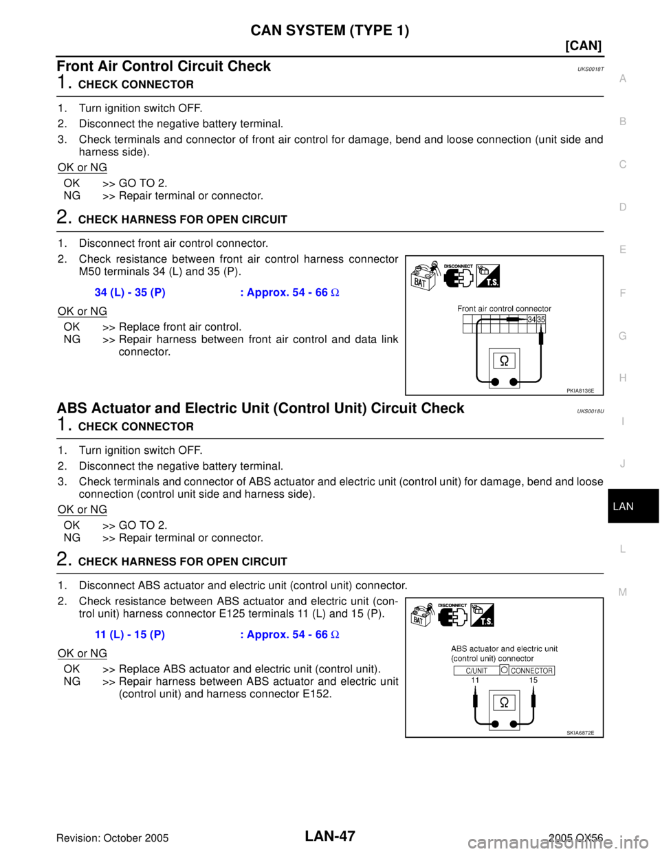 INFINITI QX4 2005  Factory Service Manual CAN SYSTEM (TYPE 1)
LAN-47
[CAN]
C
D
E
F
G
H
I
J
L
MA
B
LAN
Revision: October 20052005 QX56
Front Air Control Circuit CheckUKS0018T
1. CHECK CONNECTOR
1. Turn ignition switch OFF.
2. Disconnect the ne
