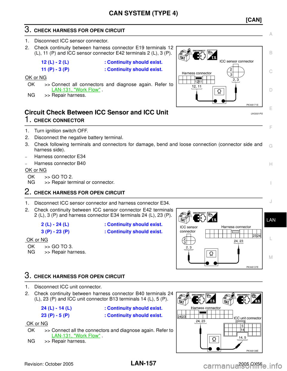 INFINITI QX4 2005  Factory Service Manual CAN SYSTEM (TYPE 4)
LAN-157
[CAN]
C
D
E
F
G
H
I
J
L
MA
B
LAN
Revision: October 20052005 QX56
3. CHECK HARNESS FOR OPEN CIRCUIT
1. Disconnect ICC sensor connector.
2. Check continuity between harness c
