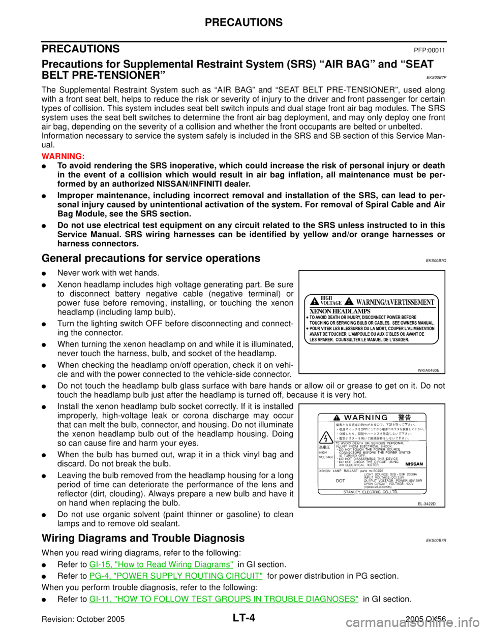 INFINITI QX4 2005  Factory Service Manual LT-4
PRECAUTIONS
Revision: October 20052005 QX56
PRECAUTIONS PFP:00011
Precautions for Supplemental Restraint System (SRS) “AIR BAG” and “SEAT 
BELT PRE-TENSIONER”
EKS00B7P
The Supplemental Re