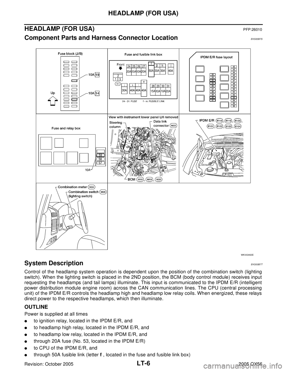 INFINITI QX4 2005  Factory Service Manual LT-6
HEADLAMP (FOR USA)
Revision: October 20052005 QX56
HEADLAMP (FOR USA)PFP:26010
Component Parts and Harness Connector LocationEKS00B7S
System DescriptionEKS00B7T
Control of the headlamp system ope