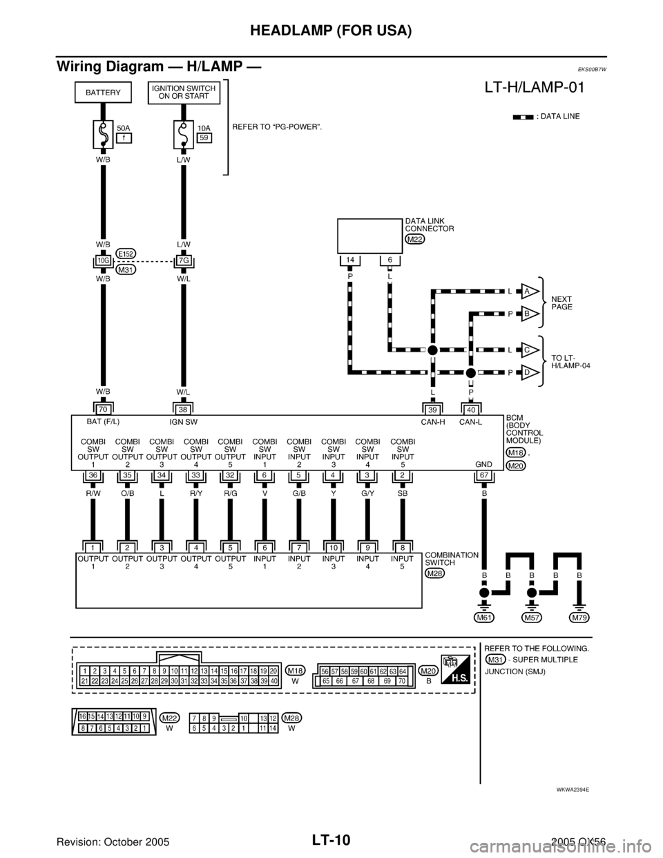 INFINITI QX4 2005  Factory Service Manual LT-10
HEADLAMP (FOR USA)
Revision: October 20052005 QX56
Wiring Diagram — H/LAMP —EKS00B7W
WKWA2394E 