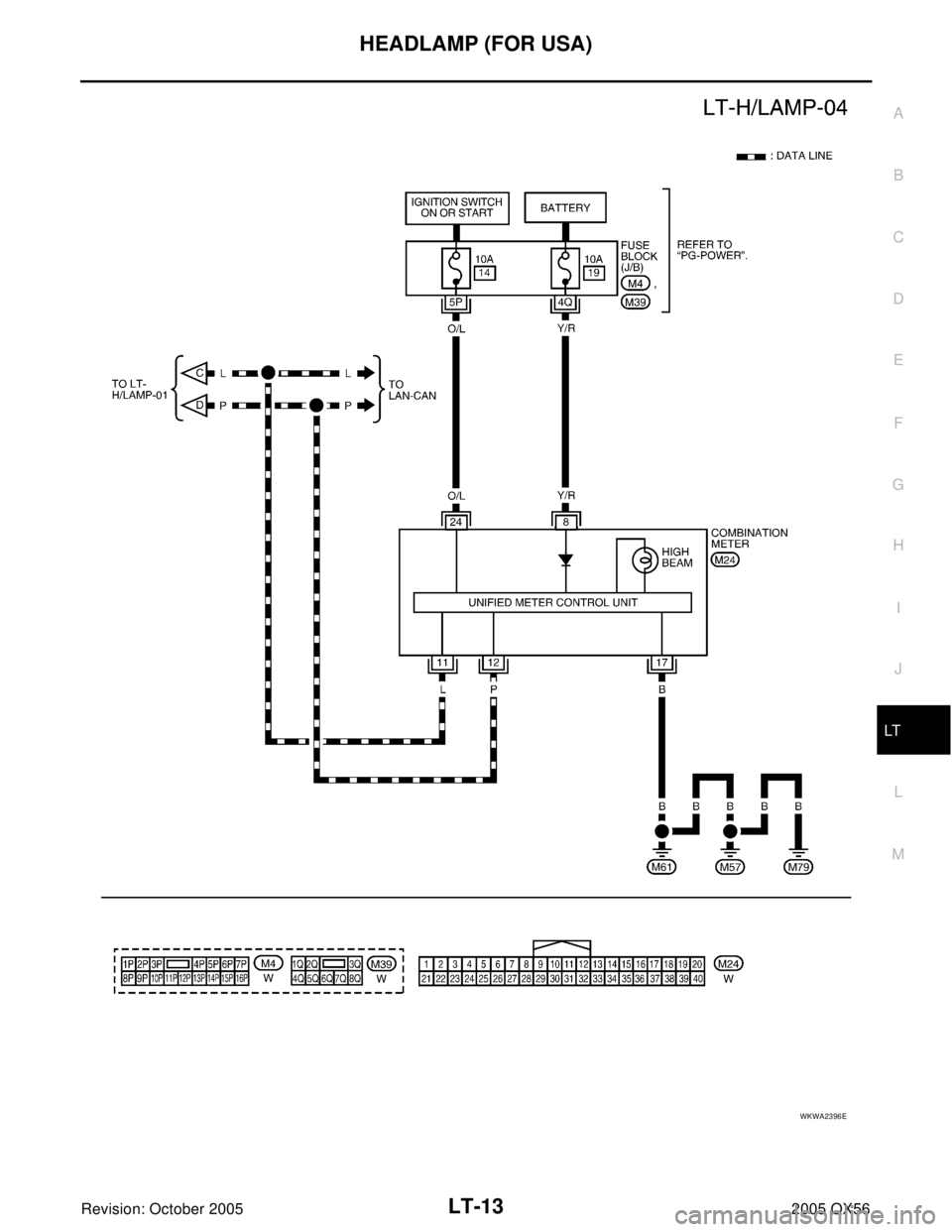 INFINITI QX4 2005  Factory Service Manual HEADLAMP (FOR USA)
LT-13
C
D
E
F
G
H
I
J
L
MA
B
LT
Revision: October 20052005 QX56
WKWA2396E 