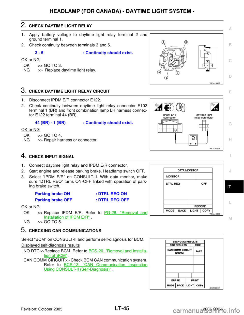 INFINITI QX4 2005 Factory Service Manual HEADLAMP (FOR CANADA) - DAYTIME LIGHT SYSTEM -
LT-45
C
D
E
F
G
H
I
J
L
MA
B
LT
Revision: October 20052005 QX56
2. CHECK DAYTIME LIGHT RELAY
1. Apply battery voltage to daytime light relay terminal 2 a INFINITI QX4 2005 Factory Service Manual HEADLAMP (FOR CANADA) - DAYTIME LIGHT SYSTEM -
LT-45
C
D
E
F
G
H
I
J
L
MA
B
LT
Revision: October 20052005 QX56
2. CHECK DAYTIME LIGHT RELAY
1. Apply battery voltage to daytime light relay terminal 2 a