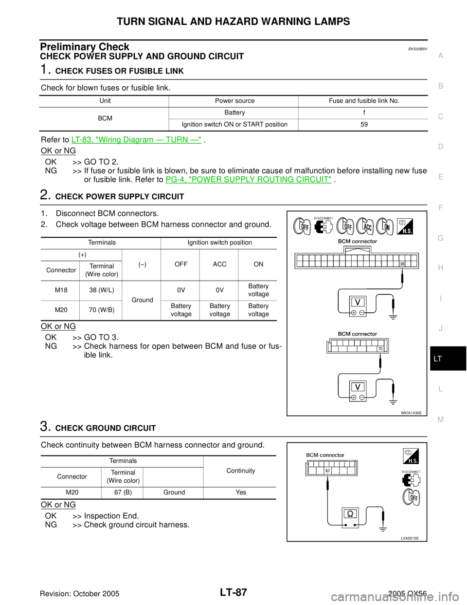 INFINITI QX4 2005 Factory Service Manual TURN SIGNAL AND HAZARD WARNING LAMPS
LT-87
C
D
E
F
G
H
I
J
L
MA
B
LT
Revision: October 20052005 QX56
Preliminary CheckEKS00B9V
CHECK POWER SUPPLY AND GROUND CIRCUIT
1. CHECK FUSES OR FUSIBLE LINK
Chec INFINITI QX4 2005 Factory Service Manual TURN SIGNAL AND HAZARD WARNING LAMPS
LT-87
C
D
E
F
G
H
I
J
L
MA
B
LT
Revision: October 20052005 QX56
Preliminary CheckEKS00B9V
CHECK POWER SUPPLY AND GROUND CIRCUIT
1. CHECK FUSES OR FUSIBLE LINK
Chec