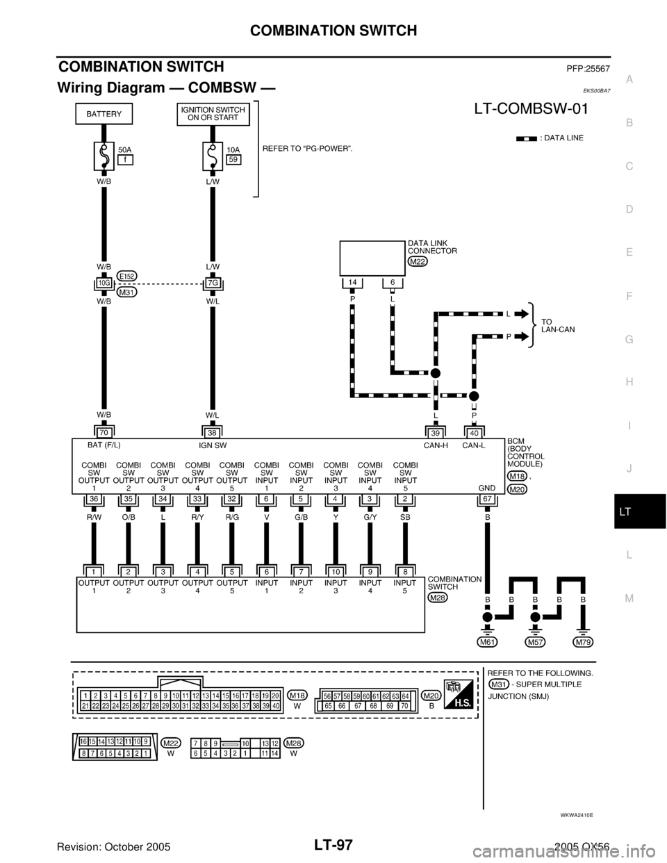 INFINITI QX4 2005  Factory Service Manual COMBINATION SWITCH
LT-97
C
D
E
F
G
H
I
J
L
MA
B
LT
Revision: October 20052005 QX56
COMBINATION SWITCHPFP:25567
Wiring Diagram — COMBSW —EKS00BA7
WKWA2410E 