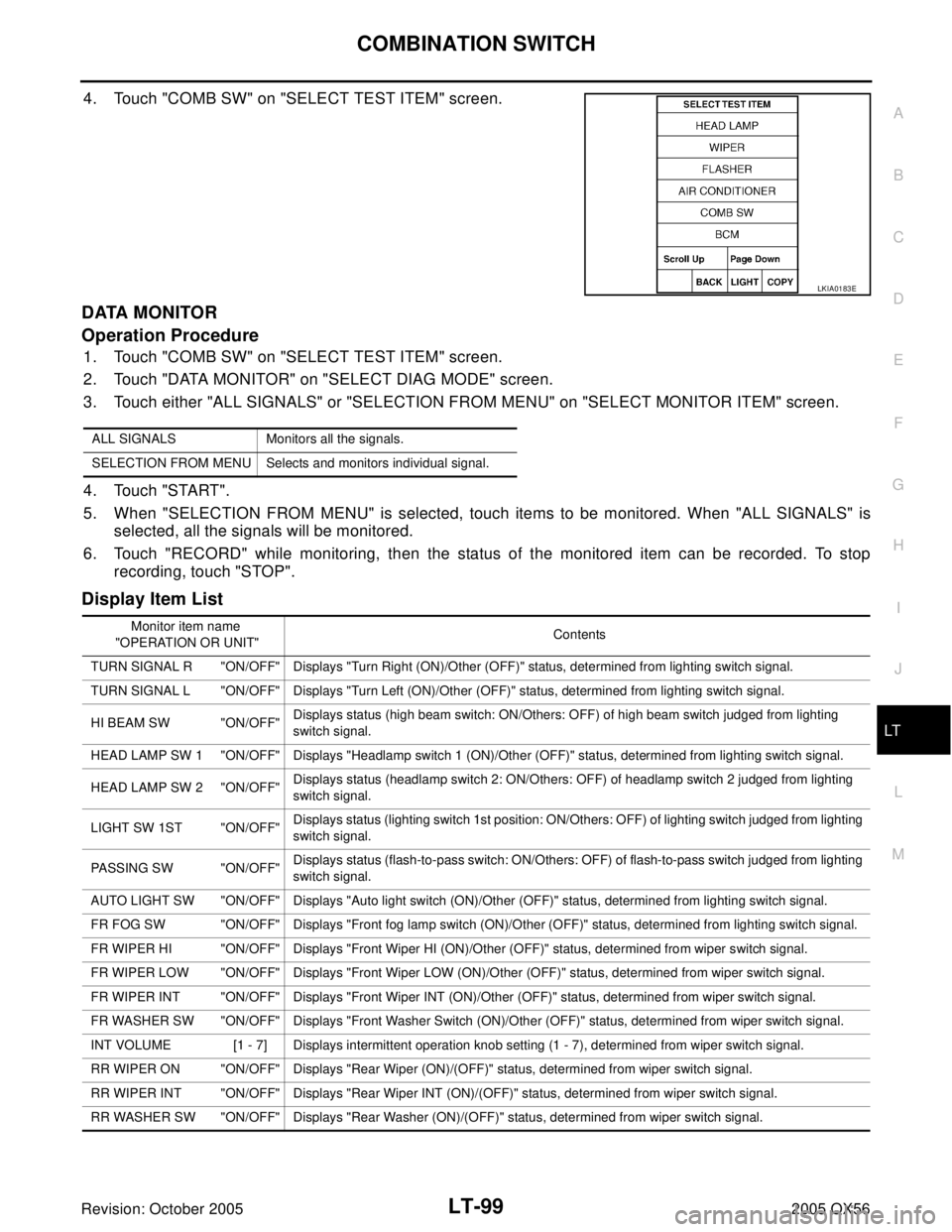 INFINITI QX4 2005  Factory Service Manual COMBINATION SWITCH
LT-99
C
D
E
F
G
H
I
J
L
MA
B
LT
Revision: October 20052005 QX56
4. Touch "COMB SW" on "SELECT TEST ITEM" screen.
DATA MONITOR
Operation Procedure
1. Touch "COMB SW" on "SELECT TEST 