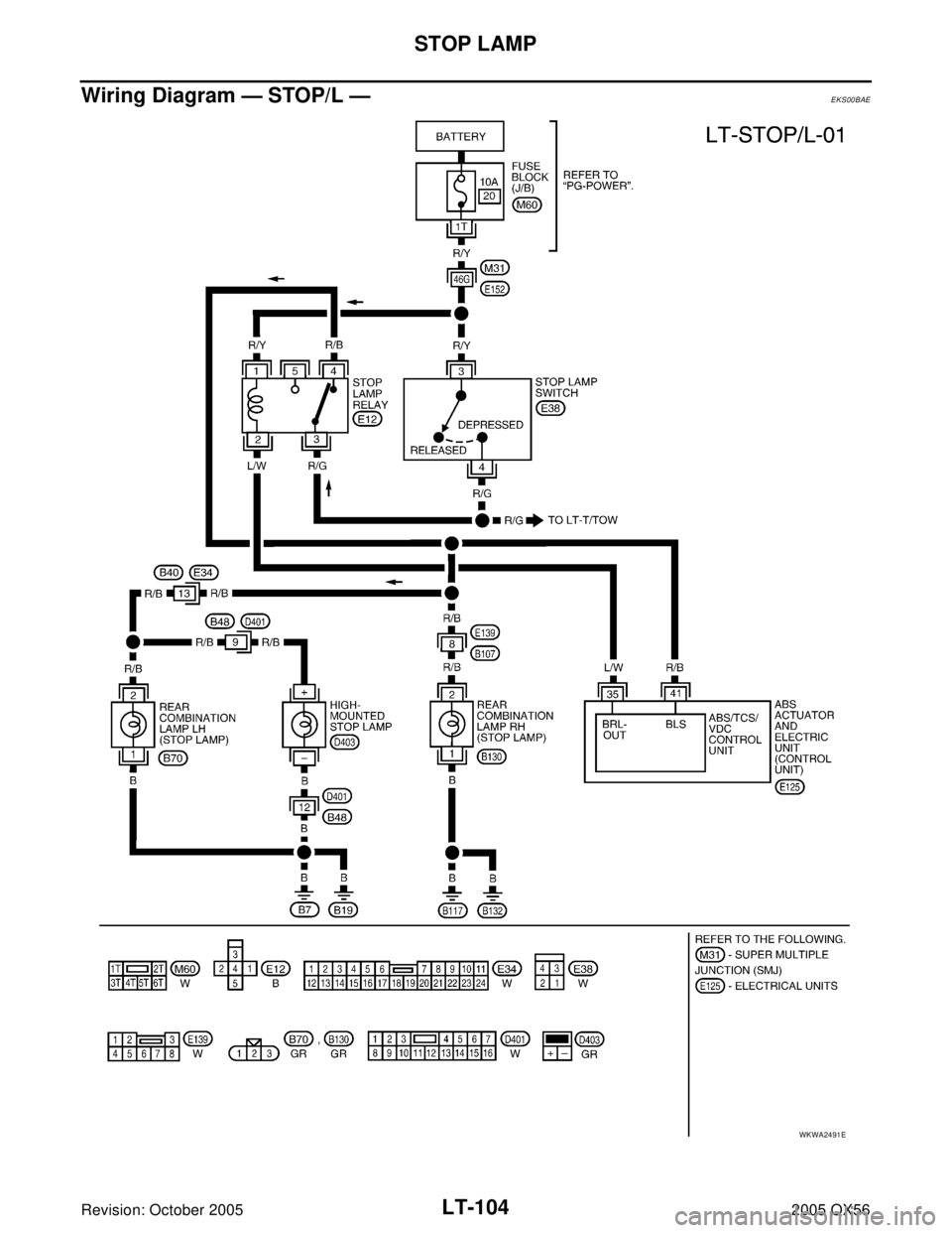 INFINITI QX4 2005  Factory Service Manual LT-104
STOP LAMP
Revision: October 20052005 QX56
Wiring Diagram — STOP/L —EKS00BAE
WKWA2491E 