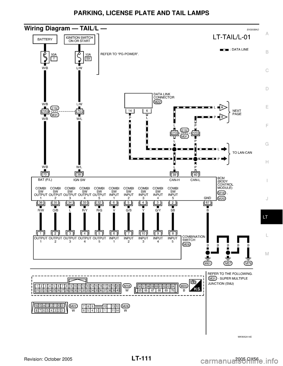 INFINITI QX4 2005  Factory Service Manual PARKING, LICENSE PLATE AND TAIL LAMPS
LT-111
C
D
E
F
G
H
I
J
L
MA
B
LT
Revision: October 20052005 QX56
Wiring Diagram — TAIL/L —EKS00BAO
WKWA2414E 