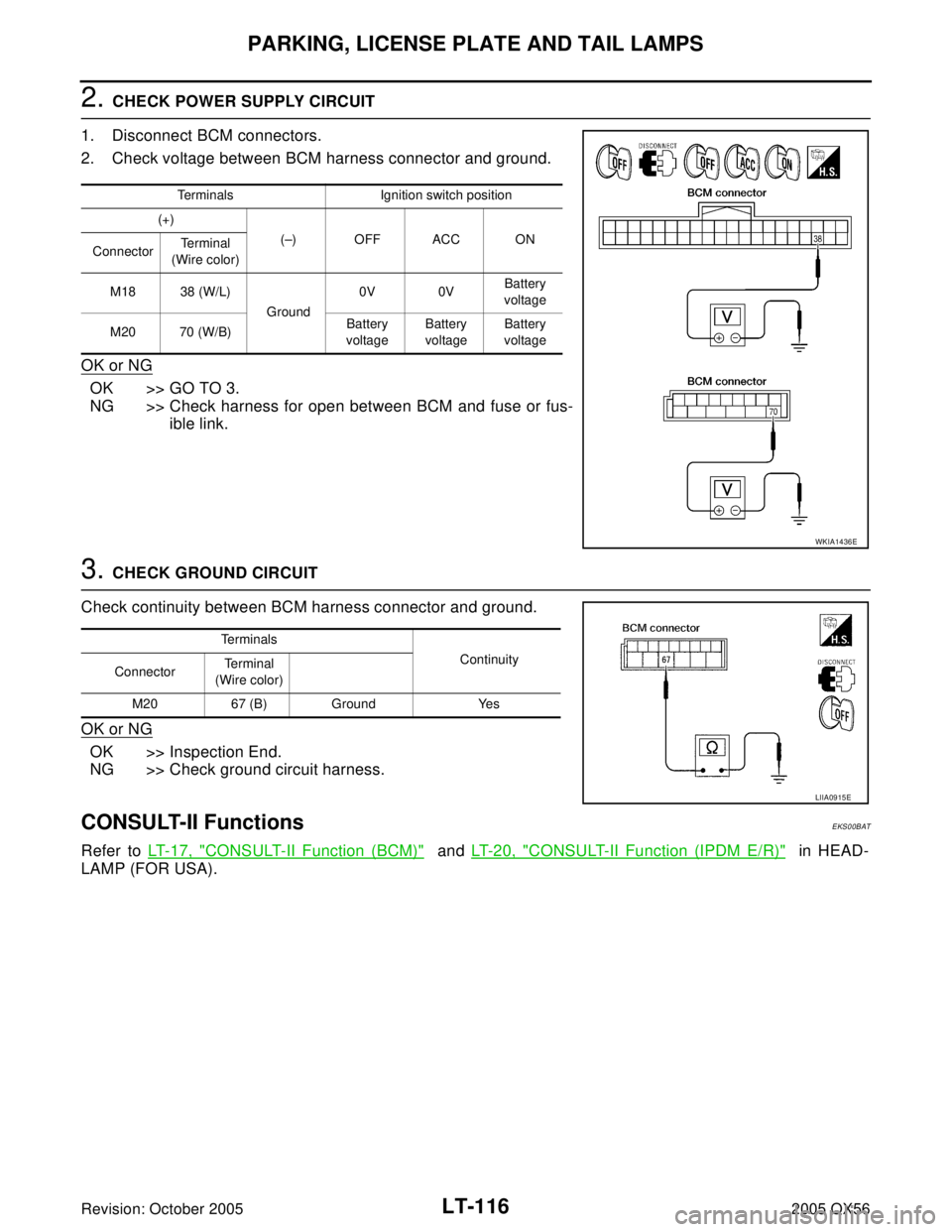 INFINITI QX4 2005  Factory Service Manual LT-116
PARKING, LICENSE PLATE AND TAIL LAMPS
Revision: October 20052005 QX56
2. CHECK POWER SUPPLY CIRCUIT 
1. Disconnect BCM connectors.
2. Check voltage between BCM harness connector and ground.
OK 