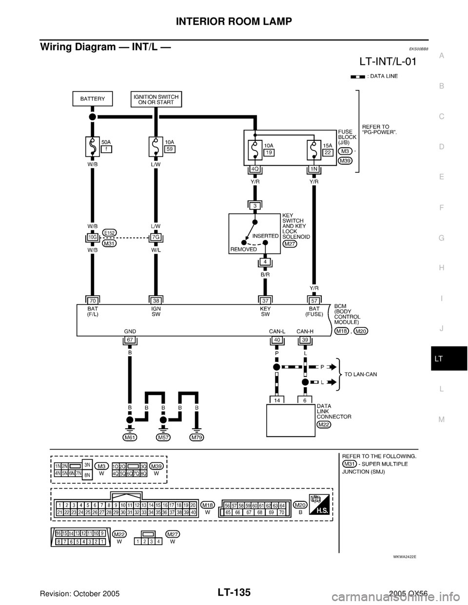 INFINITI QX4 2005  Factory Service Manual INTERIOR ROOM LAMP
LT-135
C
D
E
F
G
H
I
J
L
MA
B
LT
Revision: October 20052005 QX56
Wiring Diagram — INT/L —EKS00BB8
WKWA2422E 