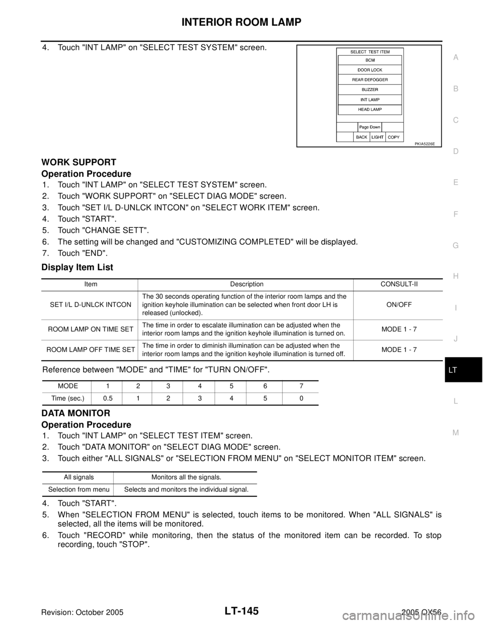 INFINITI QX4 2005  Factory Service Manual INTERIOR ROOM LAMP
LT-145
C
D
E
F
G
H
I
J
L
MA
B
LT
Revision: October 20052005 QX56
4. Touch "INT LAMP" on "SELECT TEST SYSTEM" screen.
WORK SUPPORT
Operation Procedure
1. Touch "INT LAMP" on "SELECT 