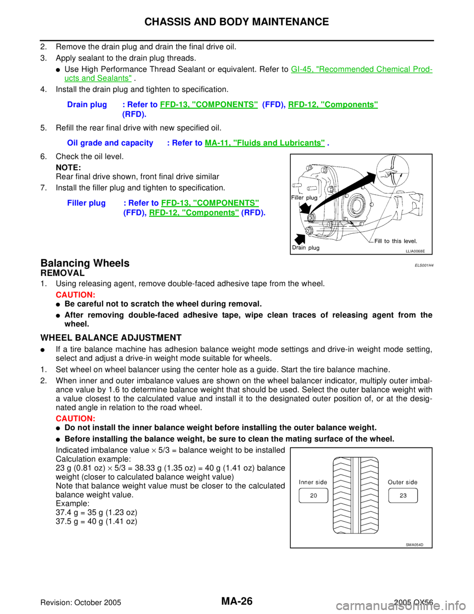 INFINITI QX4 2005  Factory Service Manual MA-26
CHASSIS AND BODY MAINTENANCE
Revision: October 20052005 QX56
2. Remove the drain plug and drain the final drive oil.
3. Apply sealant to the drain plug threads.
Use High Performance Thread Seal
