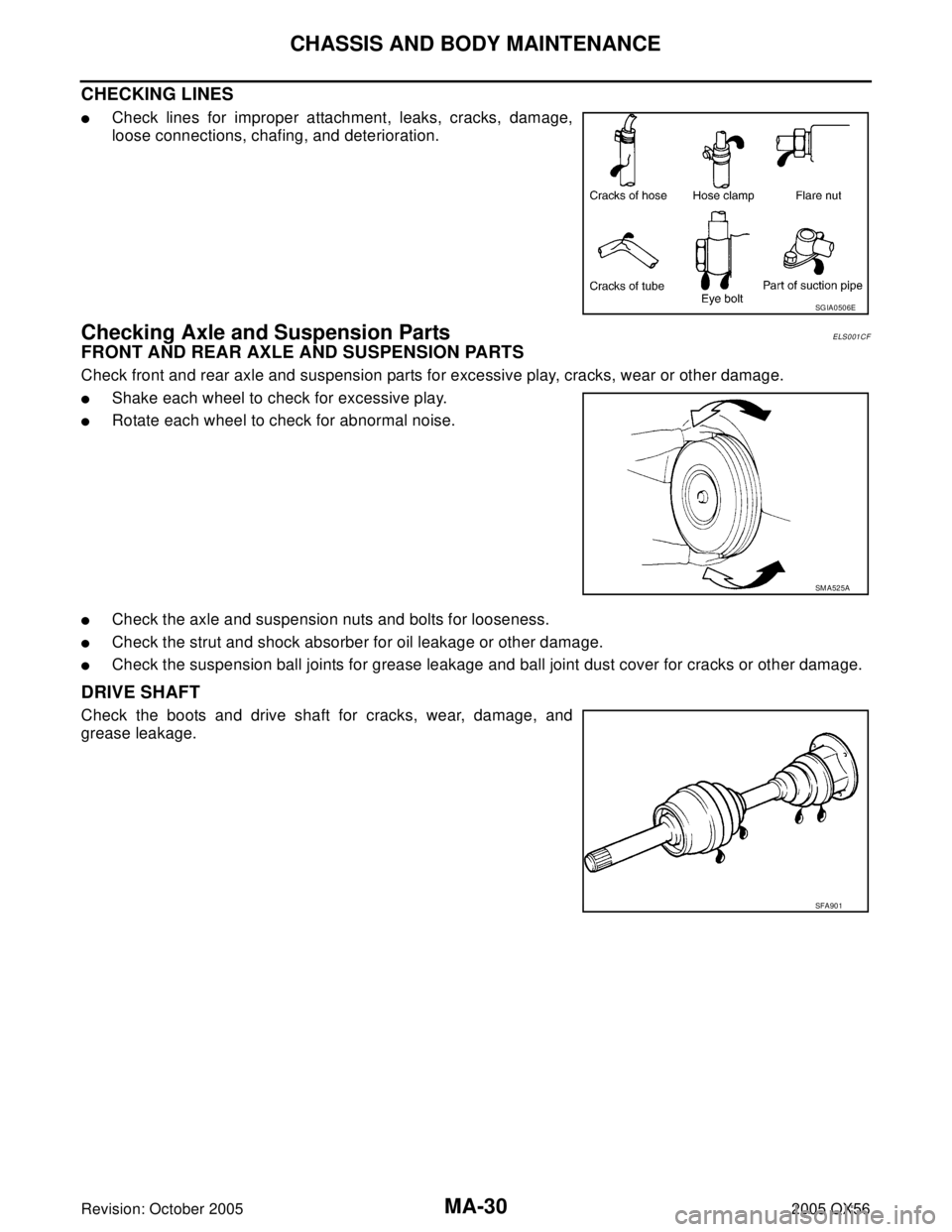 INFINITI QX4 2005  Factory Service Manual MA-30
CHASSIS AND BODY MAINTENANCE
Revision: October 20052005 QX56
CHECKING LINES
Check lines for improper attachment, leaks, cracks, damage,
loose connections, chafing, and deterioration.
Checking A