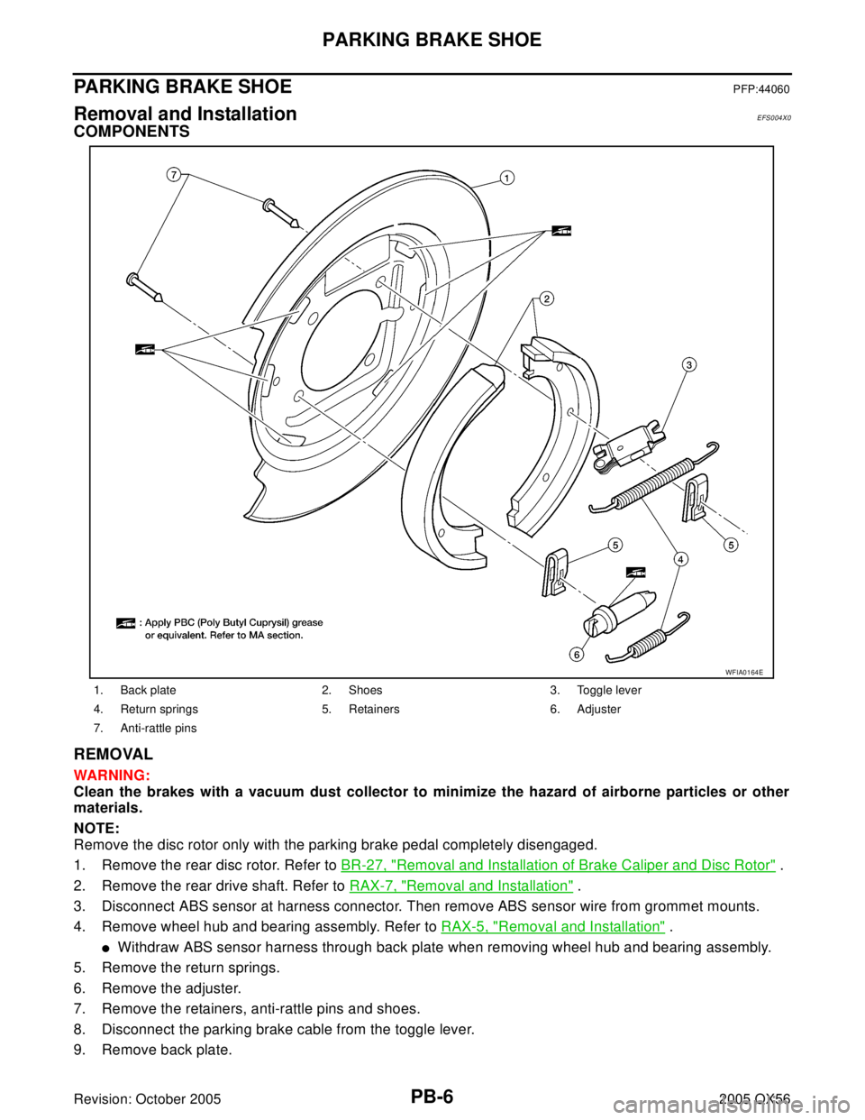 INFINITI QX4 2005  Factory Service Manual PB-6
PARKING BRAKE SHOE
Revision: October 20052005 QX56
PARKING BRAKE SHOEPFP:44060
Removal and InstallationEFS004X0
COMPONENTS
REMOVAL
WAR NIN G:
Clean the brakes with a vacuum dust collector to mini