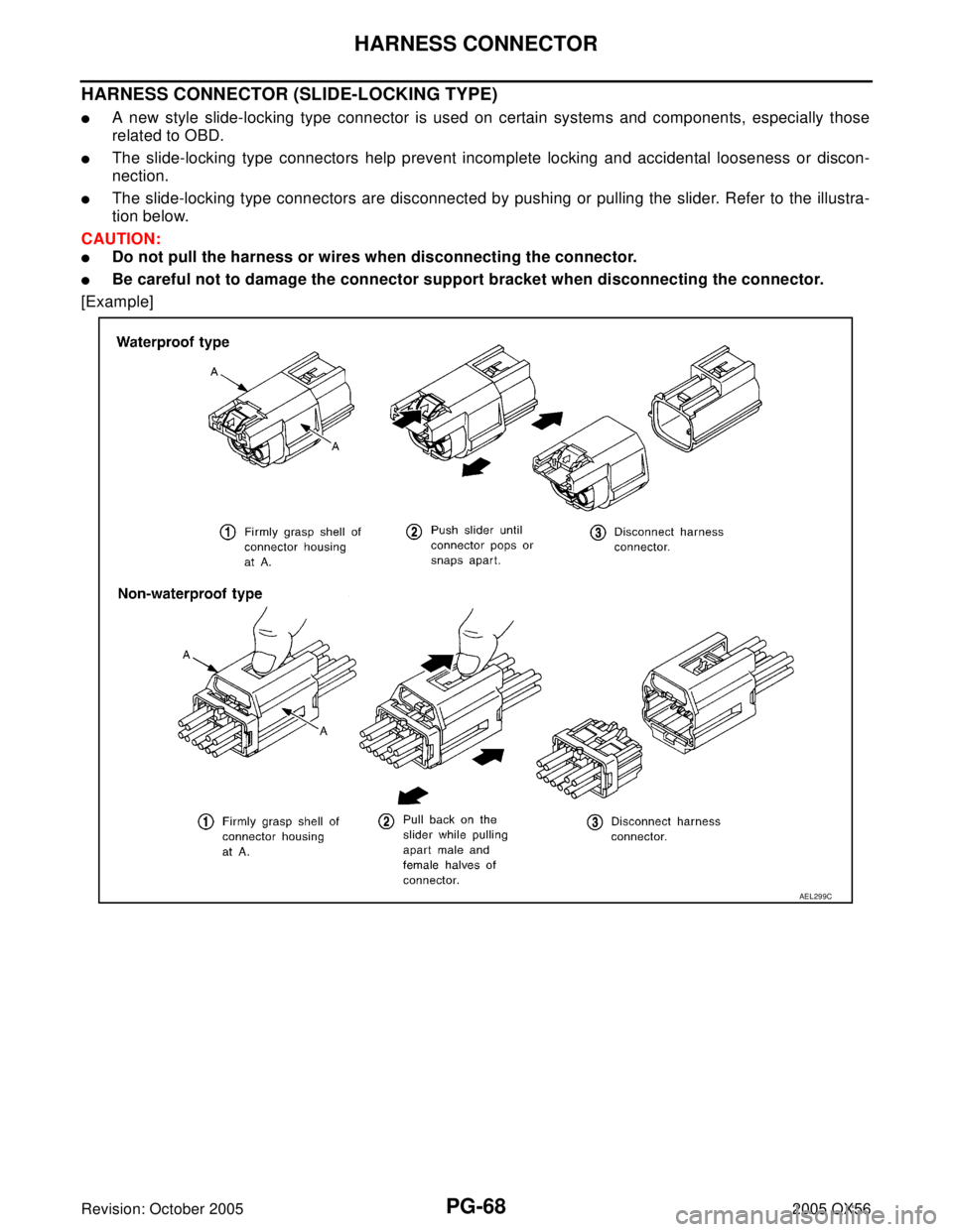 INFINITI QX4 2005  Factory Service Manual PG-68
HARNESS CONNECTOR
Revision: October 20052005 QX56
HARNESS CONNECTOR (SLIDE-LOCKING TYPE)
A new style slide-locking type connector is used on certain systems and components, especially those
rel