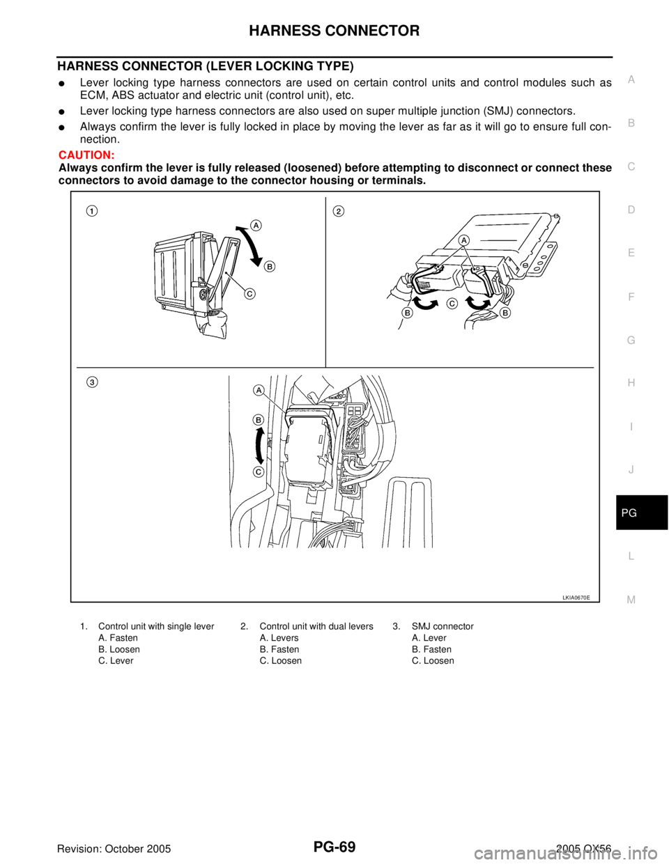 INFINITI QX4 2005  Factory Service Manual HARNESS CONNECTOR
PG-69
C
D
E
F
G
H
I
J
L
MA
B
PG
Revision: October 20052005 QX56
HARNESS CONNECTOR (LEVER LOCKING TYPE)
Lever locking type harness connectors are used on certain control units and co