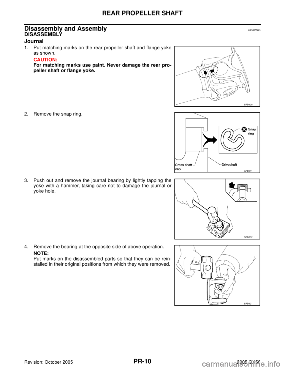 INFINITI QX4 2005  Factory Service Manual PR-10
REAR PROPELLER SHAFT
Revision: October 20052005 QX56
Disassembly and AssemblyEDS001WA
DISASSEMBLY
Journal
1. Put matching marks on the rear propeller shaft and flange yoke
as shown.
CAUTION:
For