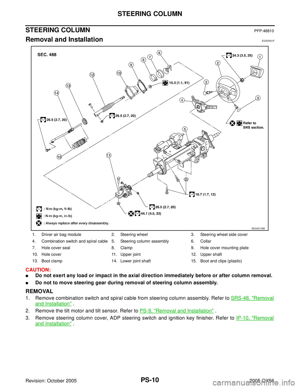 INFINITI QX4 2005  Factory Service Manual PS-10
STEERING COLUMN
Revision: October 20052005 QX56
STEERING COLUMNPFP:48810
Removal and InstallationEGS000UF
CAUTION:
Do not exert any load or impact in the axial direction immediately before or a