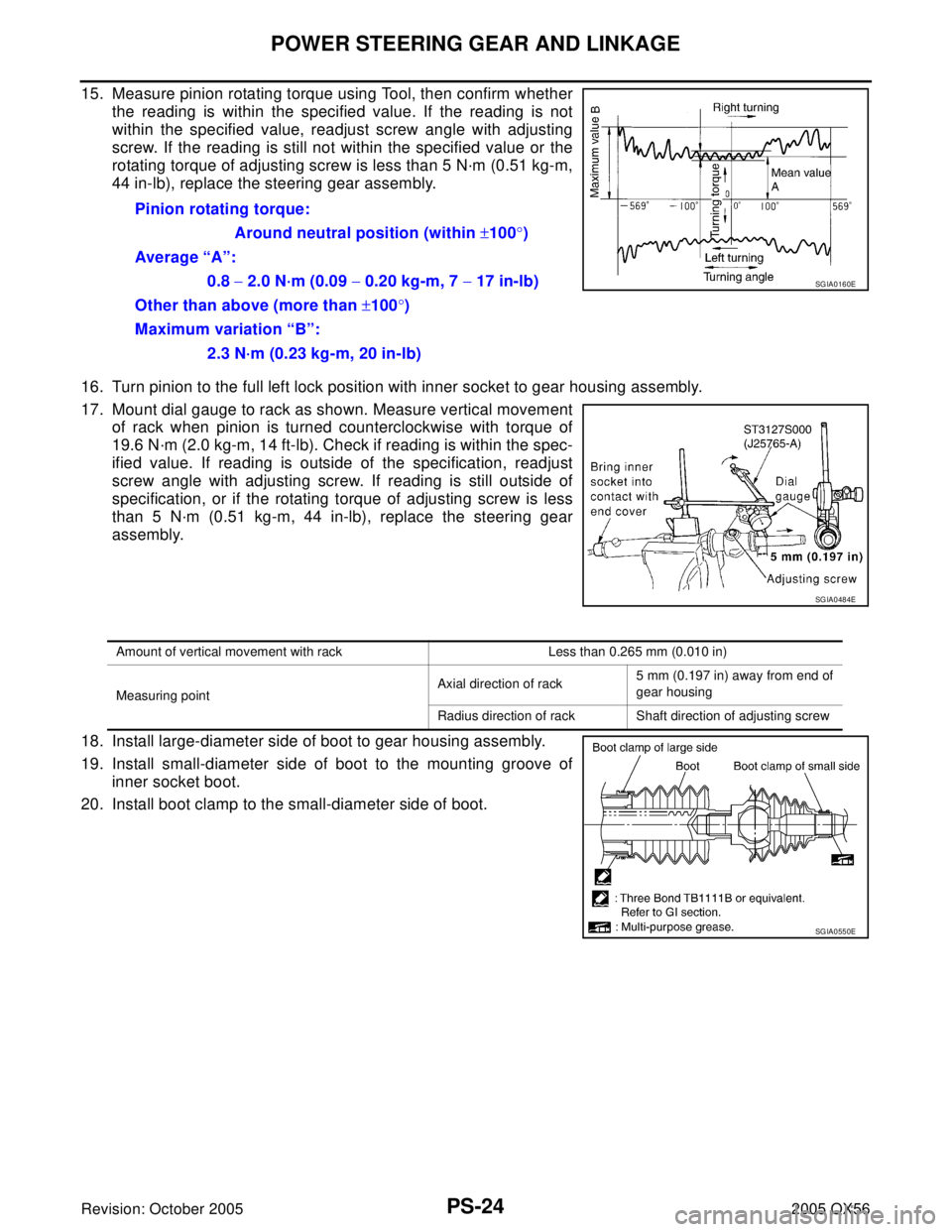 INFINITI QX4 2005 Factory Service Manual PS-24
POWER STEERING GEAR AND LINKAGE
Revision: October 20052005 QX56
15. Measure pinion rotating torque using Tool, then confirm whether
the reading is within the specified value. If the reading is n INFINITI QX4 2005 Factory Service Manual PS-24
POWER STEERING GEAR AND LINKAGE
Revision: October 20052005 QX56
15. Measure pinion rotating torque using Tool, then confirm whether
the reading is within the specified value. If the reading is n