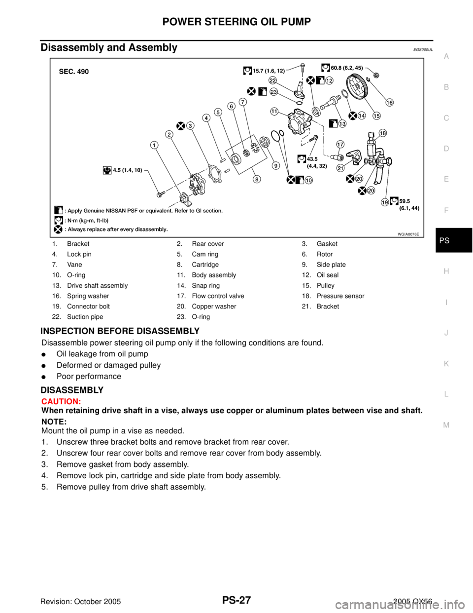 INFINITI QX4 2005  Factory Service Manual POWER STEERING OIL PUMP
PS-27
C
D
E
F
H
I
J
K
L
MA
B
PS
Revision: October 20052005 QX56
Disassembly and AssemblyEGS000UL
INSPECTION BEFORE DISASSEMBLY
Disassemble power steering oil pump only if the f