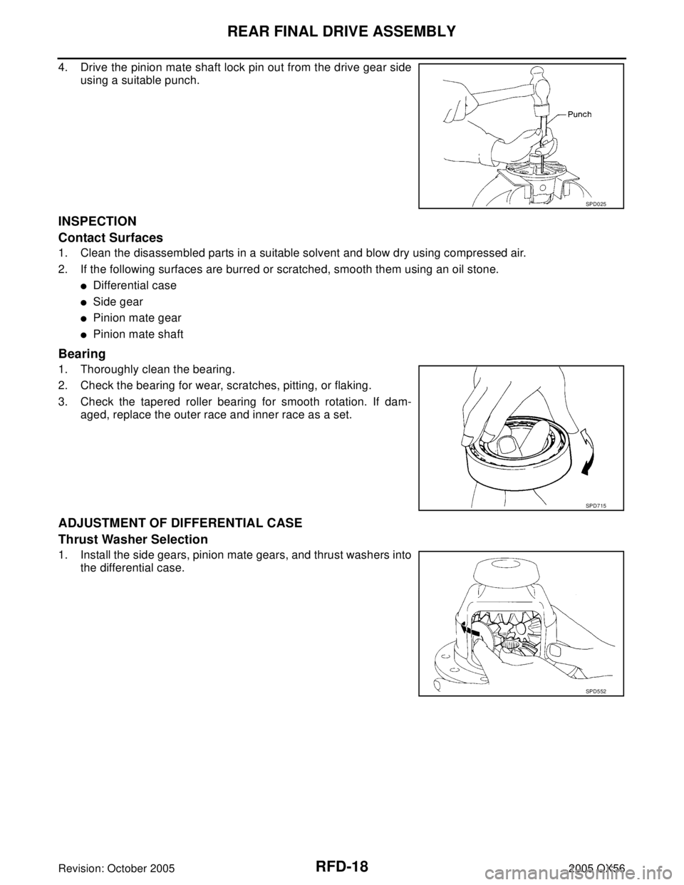 INFINITI QX4 2005  Factory Service Manual RFD-18
REAR FINAL DRIVE ASSEMBLY
Revision: October 20052005 QX56
4. Drive the pinion mate shaft lock pin out from the drive gear side
using a suitable punch.
INSPECTION
Contact Surfaces
1. Clean the d