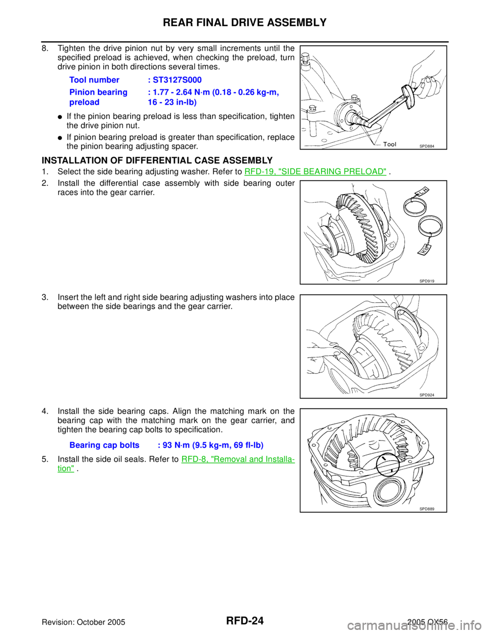 INFINITI QX4 2005 Factory Service Manual RFD-24
REAR FINAL DRIVE ASSEMBLY
Revision: October 20052005 QX56
8. Tighten the drive pinion nut by very small increments until the
specified preload is achieved, when checking the preload, turn
drive INFINITI QX4 2005 Factory Service Manual RFD-24
REAR FINAL DRIVE ASSEMBLY
Revision: October 20052005 QX56
8. Tighten the drive pinion nut by very small increments until the
specified preload is achieved, when checking the preload, turn
drive