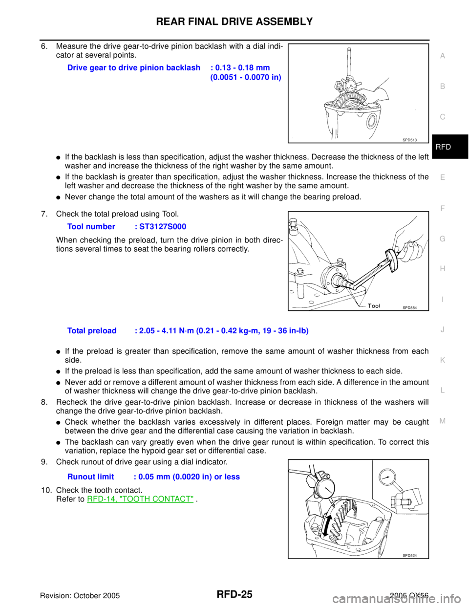 INFINITI QX4 2005 Factory Service Manual REAR FINAL DRIVE ASSEMBLY
RFD-25
C
E
F
G
H
I
J
K
L
MA
B
RFD
Revision: October 20052005 QX56
6. Measure the drive gear-to-drive pinion backlash with a dial indi-
cator at several points.
If the backla INFINITI QX4 2005 Factory Service Manual REAR FINAL DRIVE ASSEMBLY
RFD-25
C
E
F
G
H
I
J
K
L
MA
B
RFD
Revision: October 20052005 QX56
6. Measure the drive gear-to-drive pinion backlash with a dial indi-
cator at several points.
If the backla