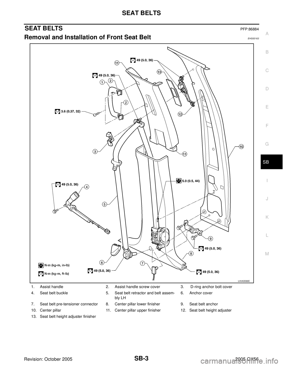 INFINITI QX4 2005  Factory Service Manual SEAT BELTS
SB-3
C
D
E
F
G
I
J
K
L
MA
B
SB
Revision: October 20052005 QX56
SEAT BELTSPFP:86884
Removal and Installation of Front Seat Belt EHS00163
1. Assist handle 2. Assist handle screw cover 3.  D-r