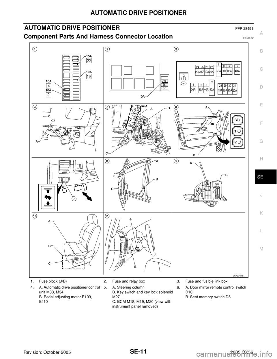 INFINITI QX4 2005  Factory Service Manual AUTOMATIC DRIVE POSITIONER
SE-11
C
D
E
F
G
H
J
K
L
MA
B
SE
Revision: October 20052005 QX56
AUTOMATIC DRIVE POSITIONERPFP:28491
Component Parts And Harness Connector LocationEIS0058U
1. Fuse block (J/B