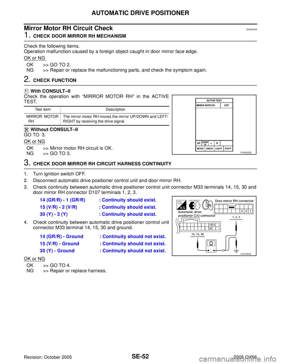 INFINITI QX4 2005 Factory Service Manual SE-52
AUTOMATIC DRIVE POSITIONER
Revision: October 20052005 QX56
Mirror Motor RH Circuit CheckEIS004XX
1. CHECK DOOR MIRROR RH MECHANISM
Check the following items.
Operation malfunction caused by a fo INFINITI QX4 2005 Factory Service Manual SE-52
AUTOMATIC DRIVE POSITIONER
Revision: October 20052005 QX56
Mirror Motor RH Circuit CheckEIS004XX
1. CHECK DOOR MIRROR RH MECHANISM
Check the following items.
Operation malfunction caused by a fo