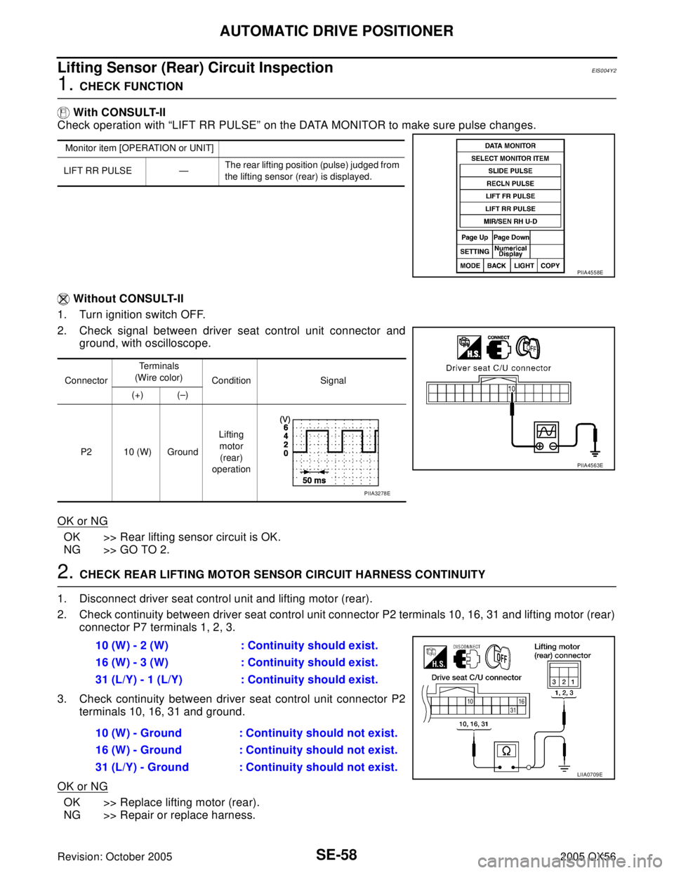 INFINITI QX4 2005 Factory Service Manual SE-58
AUTOMATIC DRIVE POSITIONER
Revision: October 20052005 QX56
Lifting Sensor (Rear) Circuit InspectionEIS004Y2
1. CHECK FUNCTION
With CONSULT-II
Check operation with “LIFT RR PULSE” on the DAT INFINITI QX4 2005 Factory Service Manual SE-58
AUTOMATIC DRIVE POSITIONER
Revision: October 20052005 QX56
Lifting Sensor (Rear) Circuit InspectionEIS004Y2
1. CHECK FUNCTION
With CONSULT-II
Check operation with “LIFT RR PULSE” on the DAT