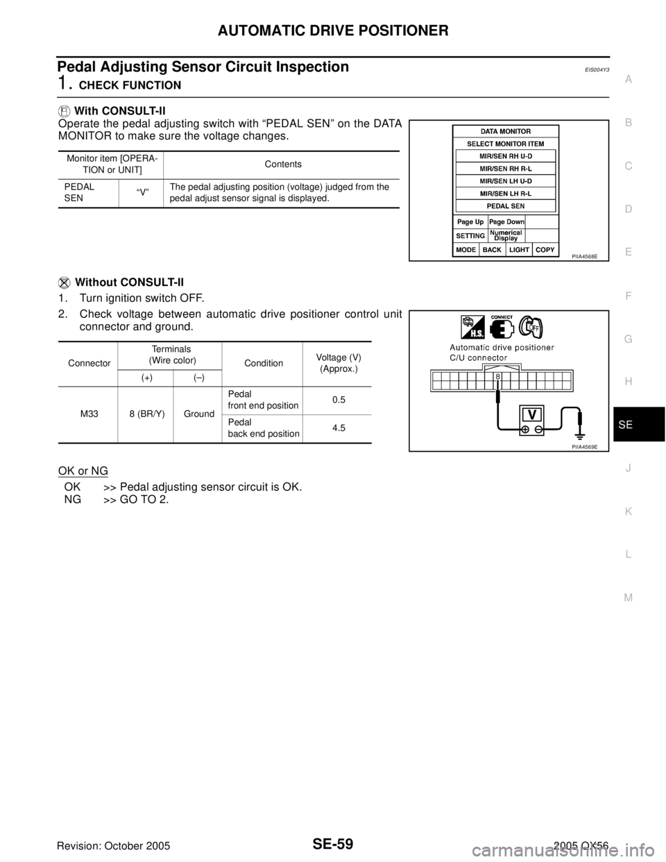 INFINITI QX4 2005  Factory Service Manual AUTOMATIC DRIVE POSITIONER
SE-59
C
D
E
F
G
H
J
K
L
MA
B
SE
Revision: October 20052005 QX56
Pedal Adjusting Sensor Circuit InspectionEIS004Y3
1. CHECK FUNCTION
 With CONSULT-II
Operate the pedal adjust