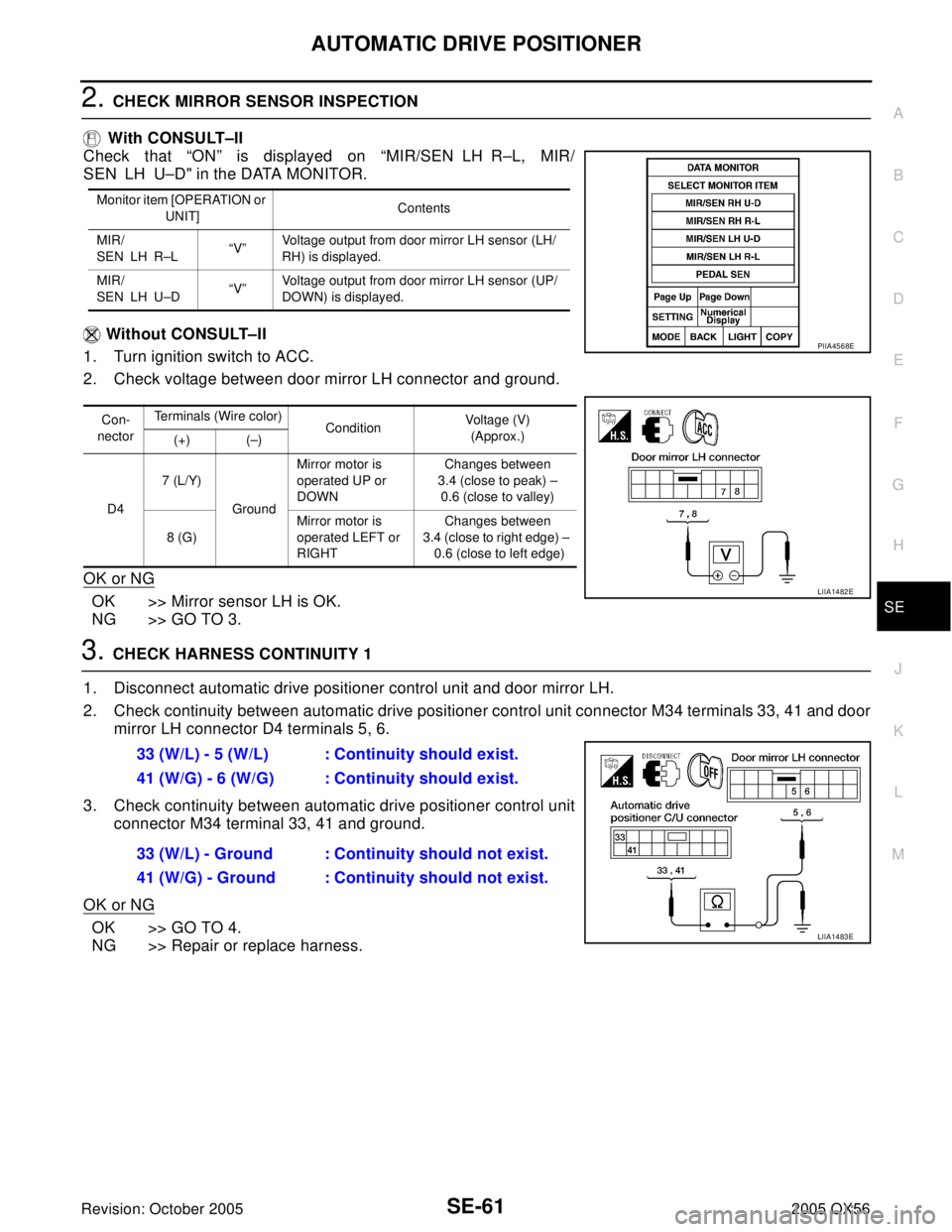INFINITI QX4 2005 Factory Service Manual AUTOMATIC DRIVE POSITIONER
SE-61
C
D
E
F
G
H
J
K
L
MA
B
SE
Revision: October 20052005 QX56
2. CHECK MIRROR SENSOR INSPECTION
With CONSULT–II
Check that “ON” is displayed on “MIR/SEN LH R–L, INFINITI QX4 2005 Factory Service Manual AUTOMATIC DRIVE POSITIONER
SE-61
C
D
E
F
G
H
J
K
L
MA
B
SE
Revision: October 20052005 QX56
2. CHECK MIRROR SENSOR INSPECTION
With CONSULT–II
Check that “ON” is displayed on “MIR/SEN LH R–L,
