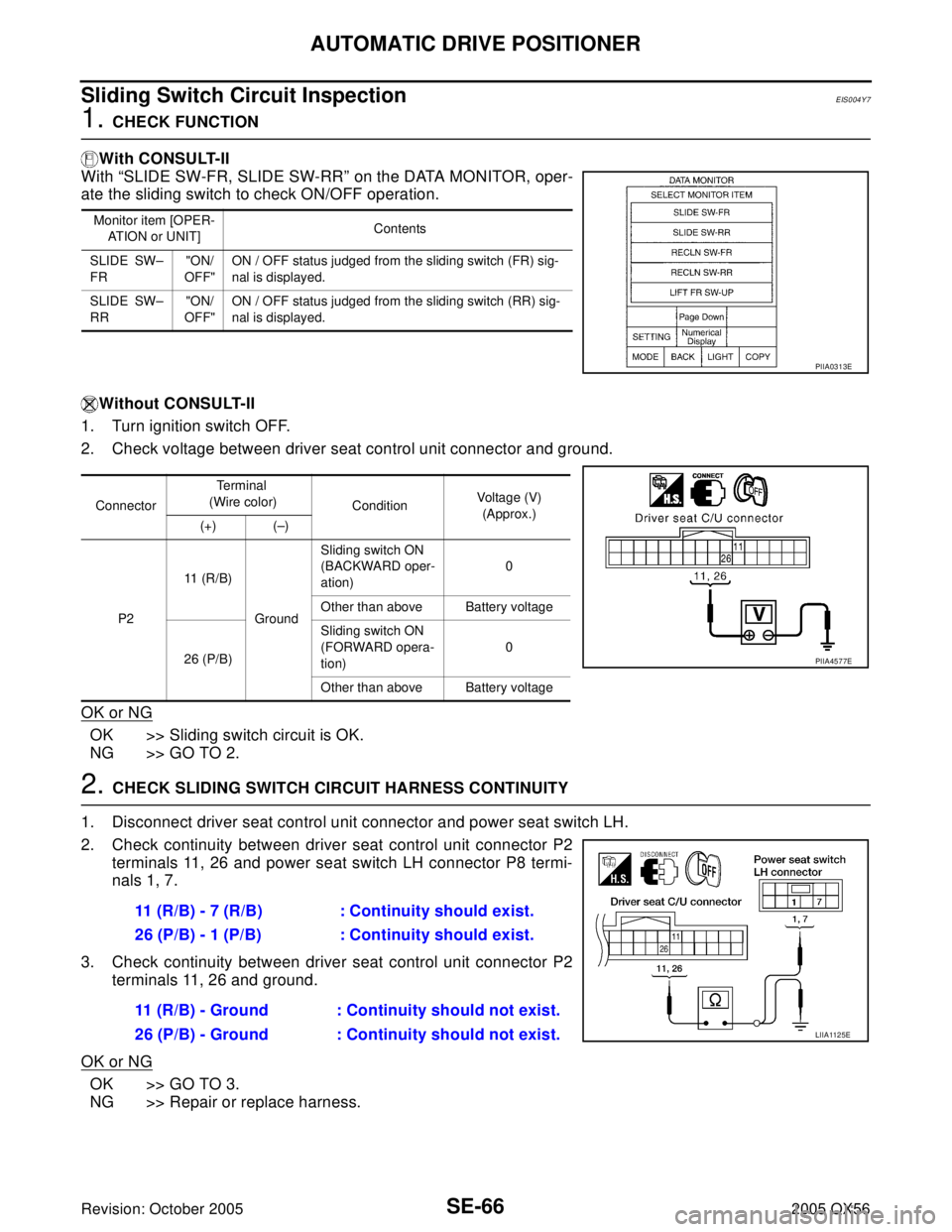 INFINITI QX4 2005 Factory Service Manual SE-66
AUTOMATIC DRIVE POSITIONER
Revision: October 20052005 QX56
Sliding Switch Circuit InspectionEIS004Y7
1. CHECK FUNCTION
With CONSULT-II
With “SLIDE SW-FR, SLIDE SW-RR” on the DATA MONITOR, op INFINITI QX4 2005 Factory Service Manual SE-66
AUTOMATIC DRIVE POSITIONER
Revision: October 20052005 QX56
Sliding Switch Circuit InspectionEIS004Y7
1. CHECK FUNCTION
With CONSULT-II
With “SLIDE SW-FR, SLIDE SW-RR” on the DATA MONITOR, op