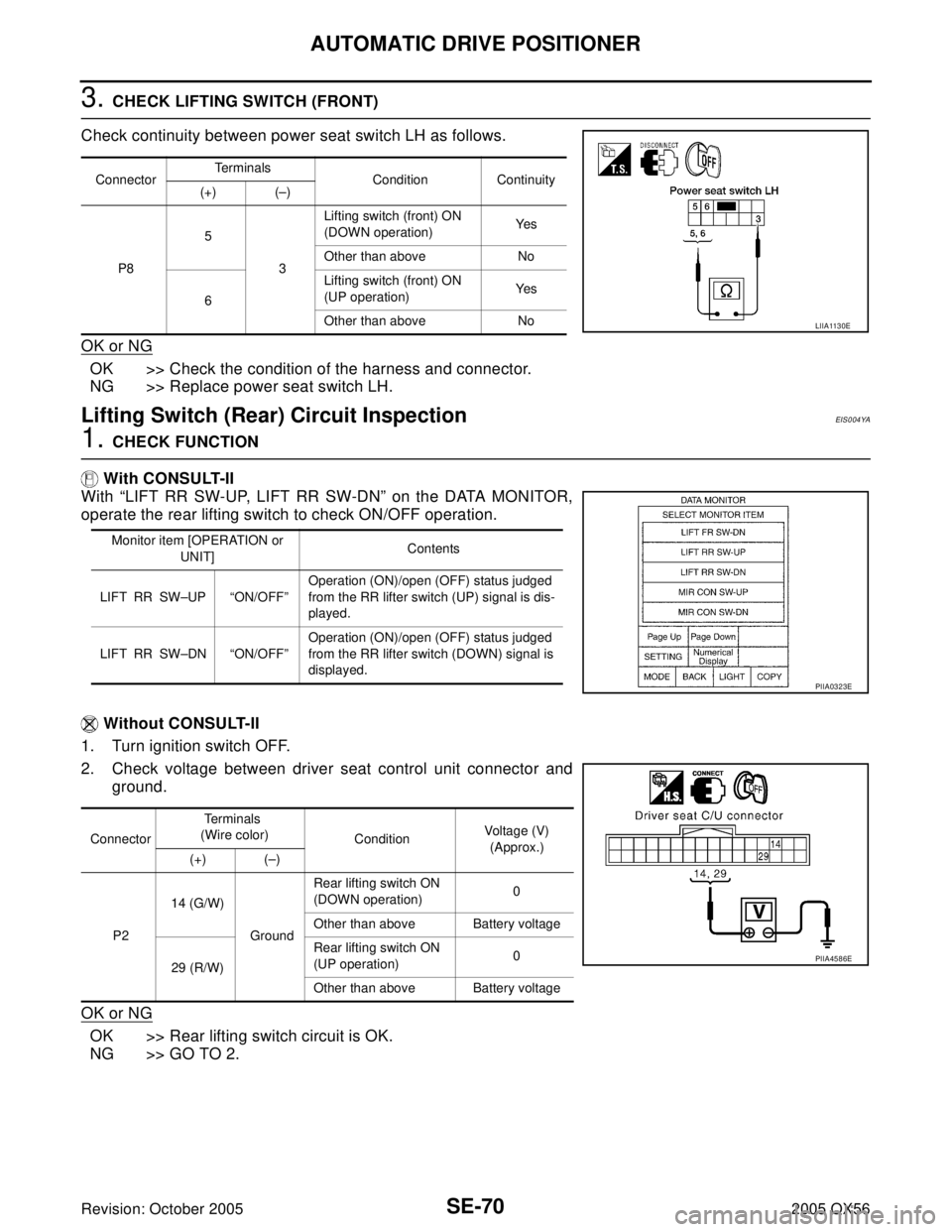 INFINITI QX4 2005 Factory Service Manual SE-70
AUTOMATIC DRIVE POSITIONER
Revision: October 20052005 QX56
3. CHECK LIFTING SWITCH (FRONT)
Check continuity between power seat switch LH as follows.
OK or NG
OK >> Check the condition of the har INFINITI QX4 2005 Factory Service Manual SE-70
AUTOMATIC DRIVE POSITIONER
Revision: October 20052005 QX56
3. CHECK LIFTING SWITCH (FRONT)
Check continuity between power seat switch LH as follows.
OK or NG
OK >> Check the condition of the har