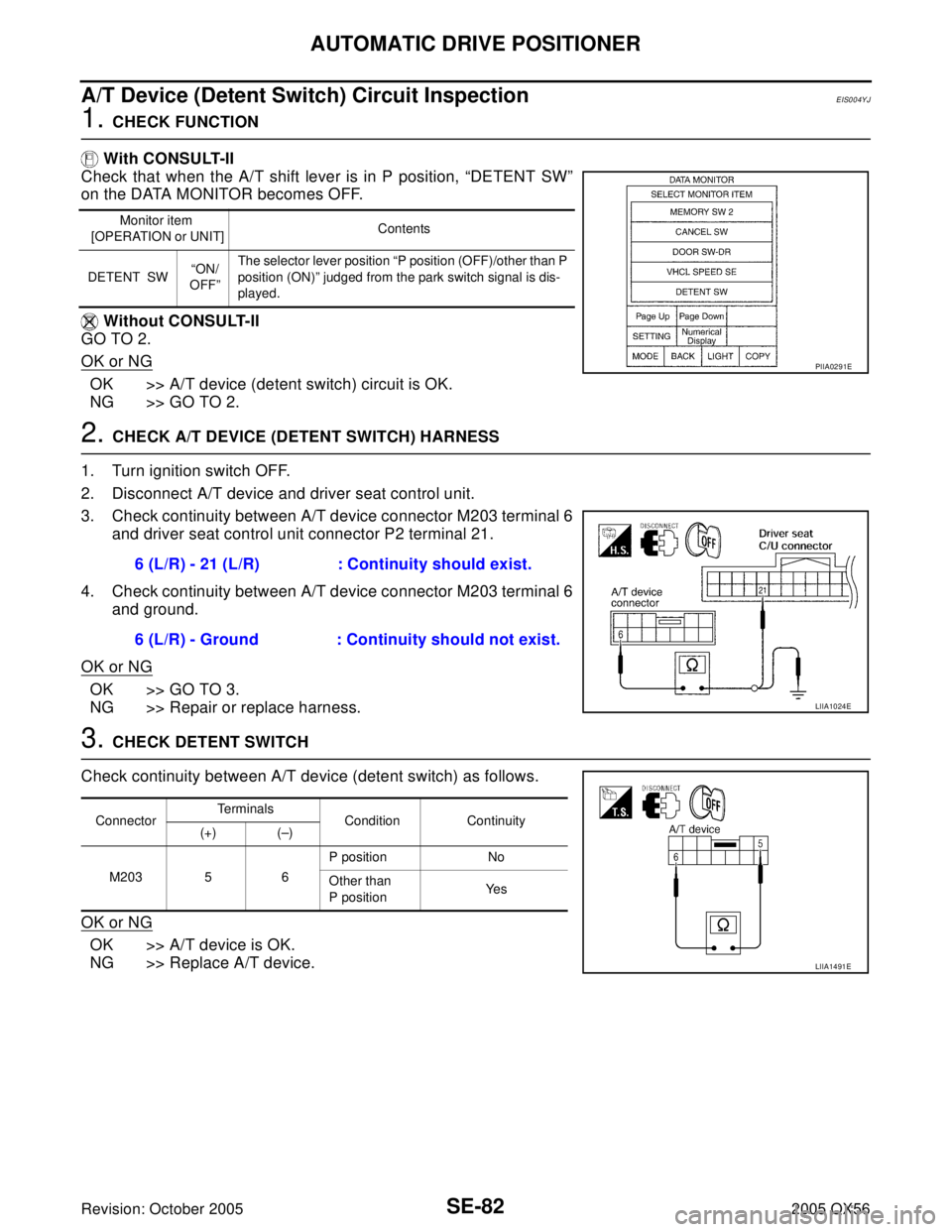 INFINITI QX4 2005  Factory Service Manual SE-82
AUTOMATIC DRIVE POSITIONER
Revision: October 20052005 QX56
A/T Device (Detent Switch) Circuit InspectionEIS004YJ
1. CHECK FUNCTION
 With CONSULT-II
Check that when the A/T shift lever is in P po