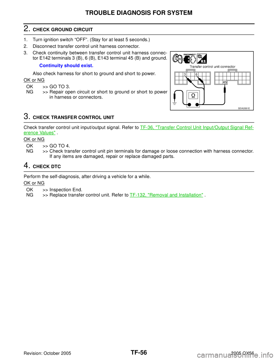 INFINITI QX4 2005 Factory Service Manual TF-56
TROUBLE DIAGNOSIS FOR SYSTEM
Revision: October 20052005 QX56
2. CHECK GROUND CIRCUIT
1. Turn ignition switch “OFF”. (Stay for at least 5 seconds.)
2. Disconnect transfer control unit harness INFINITI QX4 2005 Factory Service Manual TF-56
TROUBLE DIAGNOSIS FOR SYSTEM
Revision: October 20052005 QX56
2. CHECK GROUND CIRCUIT
1. Turn ignition switch “OFF”. (Stay for at least 5 seconds.)
2. Disconnect transfer control unit harness