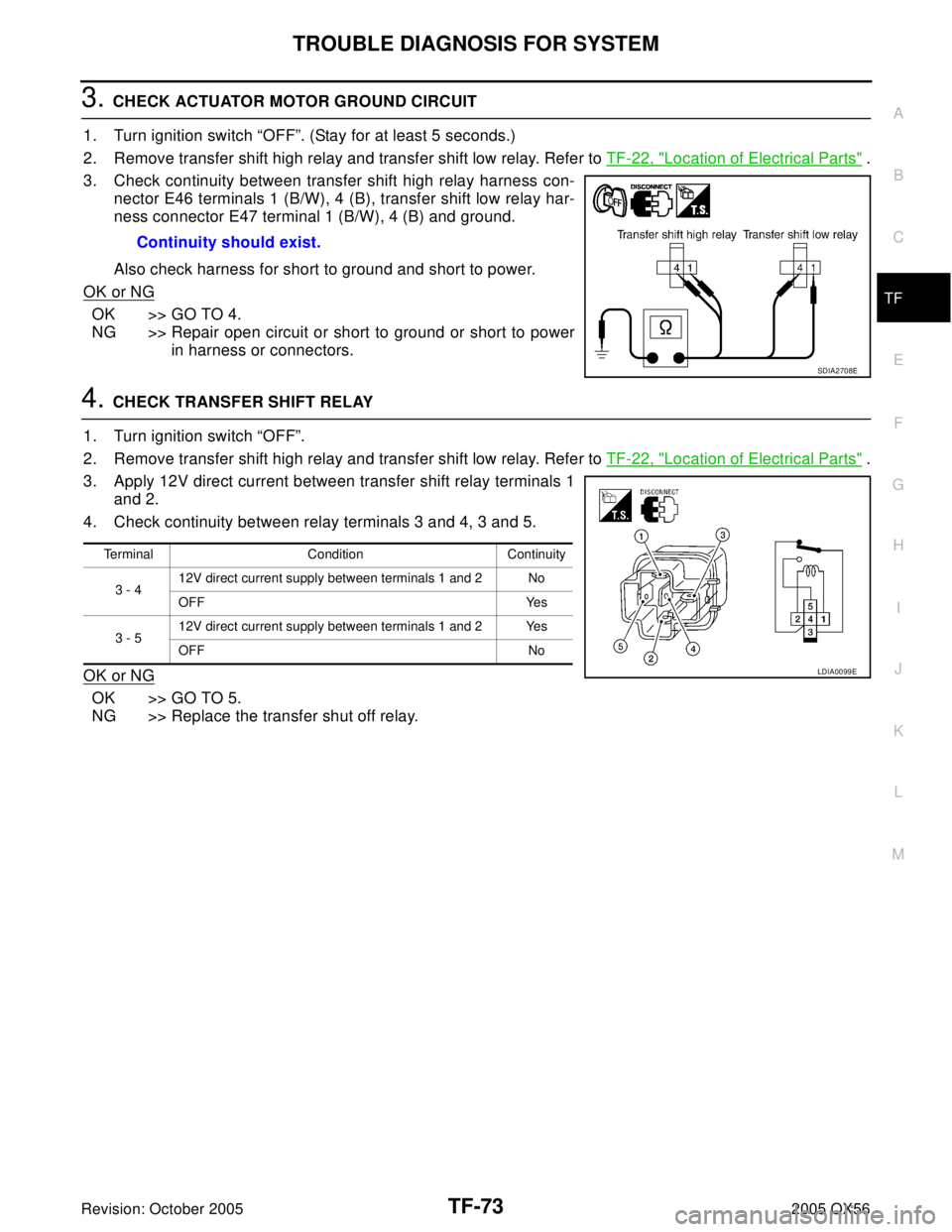 INFINITI QX4 2005 Factory Service Manual TROUBLE DIAGNOSIS FOR SYSTEM
TF-73
C
E
F
G
H
I
J
K
L
MA
B
TF
Revision: October 20052005 QX56
3. CHECK ACTUATOR MOTOR GROUND CIRCUIT
1. Turn ignition switch “OFF”. (Stay for at least 5 seconds.)
2. INFINITI QX4 2005 Factory Service Manual TROUBLE DIAGNOSIS FOR SYSTEM
TF-73
C
E
F
G
H
I
J
K
L
MA
B
TF
Revision: October 20052005 QX56
3. CHECK ACTUATOR MOTOR GROUND CIRCUIT
1. Turn ignition switch “OFF”. (Stay for at least 5 seconds.)
2.