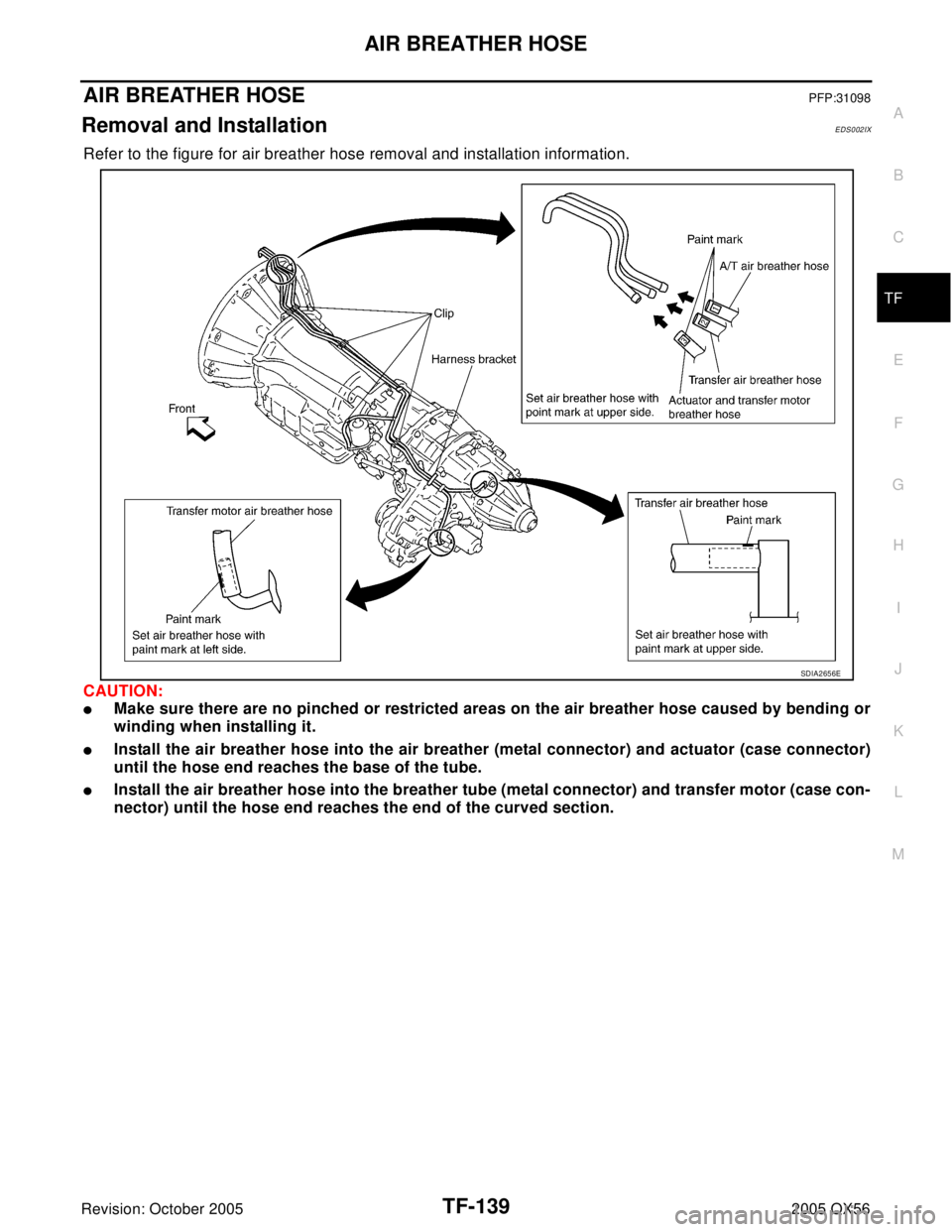 INFINITI QX4 2005  Factory Service Manual AIR BREATHER HOSE
TF-139
C
E
F
G
H
I
J
K
L
MA
B
TF
Revision: October 20052005 QX56
AIR BREATHER HOSEPFP:31098
Removal and InstallationEDS002IX
Refer to the figure for air breather hose removal and ins