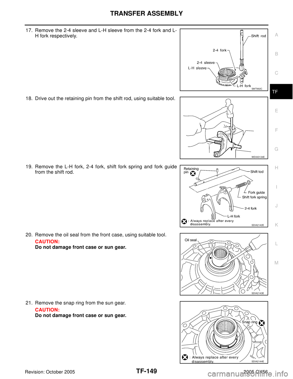 INFINITI QX4 2005  Factory Service Manual TRANSFER ASSEMBLY
TF-149
C
E
F
G
H
I
J
K
L
MA
B
TF
Revision: October 20052005 QX56
17. Remove the 2-4 sleeve and L-H sleeve from the 2-4 fork and L-
H fork respectively.
18. Drive out the retaining pi